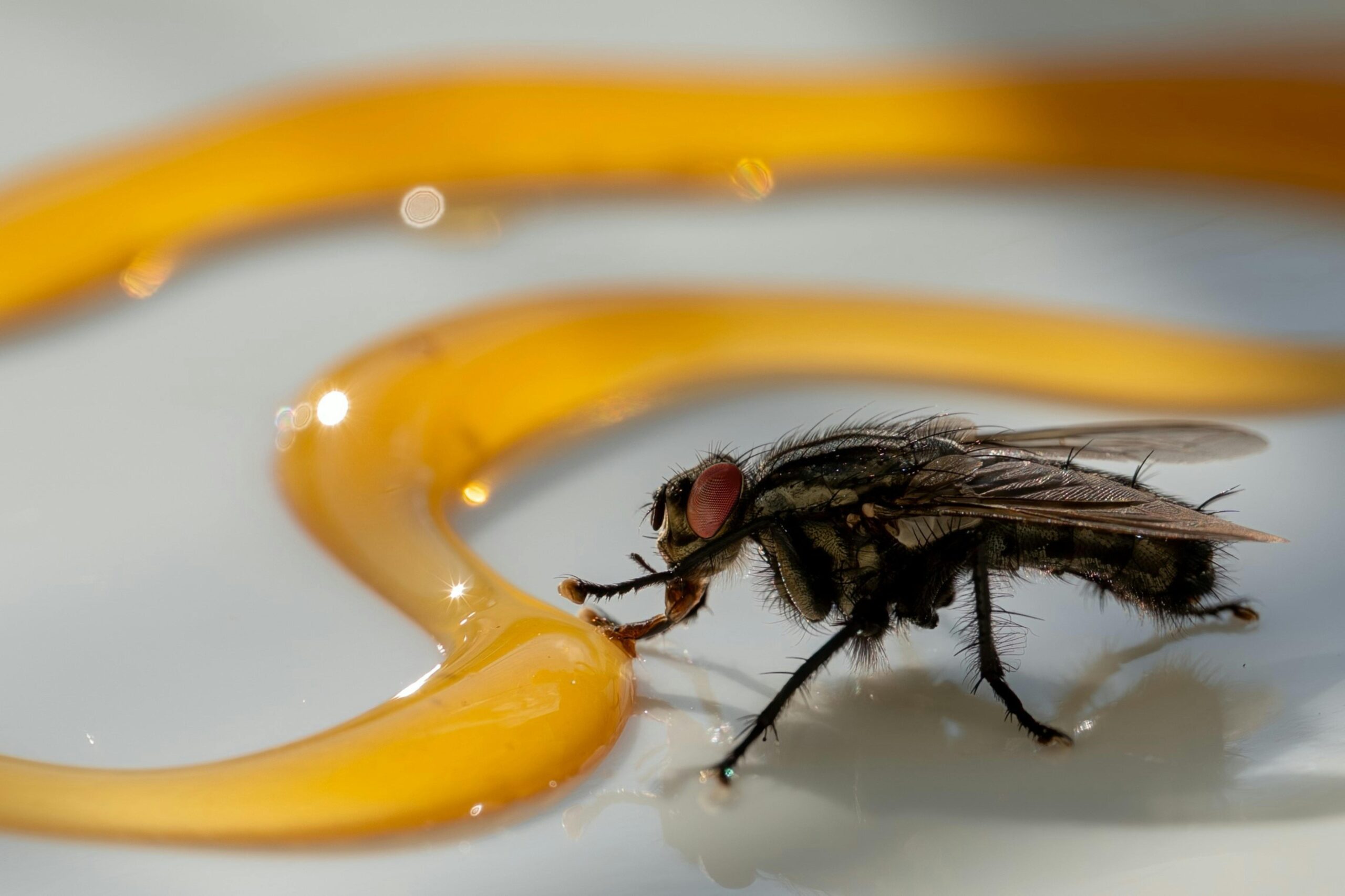 fly eating spilled liquid